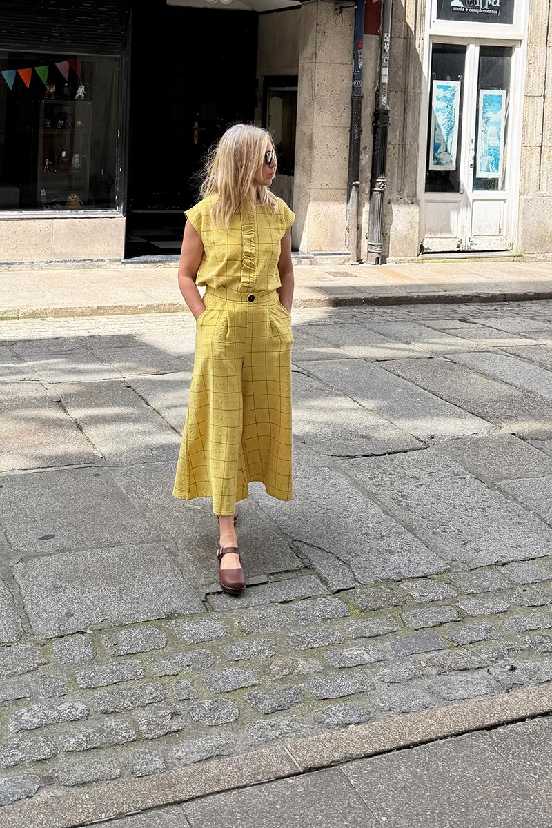 Falda Pantalon Cuadros Amarillos